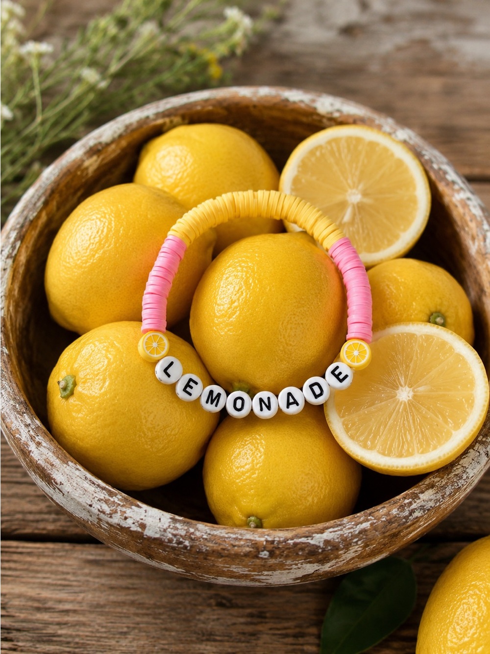 Handmade Clay Bead Bracelet | Summer lemonade theme | bright pink and yellow